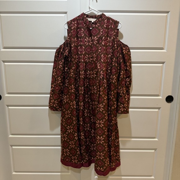 Ritu Kumar Dress Womens Size 32 Maroon Patola Print Cold Shoulder‎ Cotton Silk - Picture 1 of 8